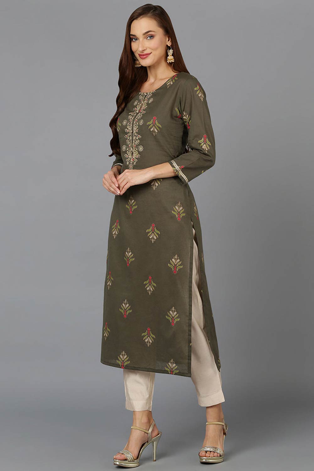 green Cotton Round Neck KurtI Set