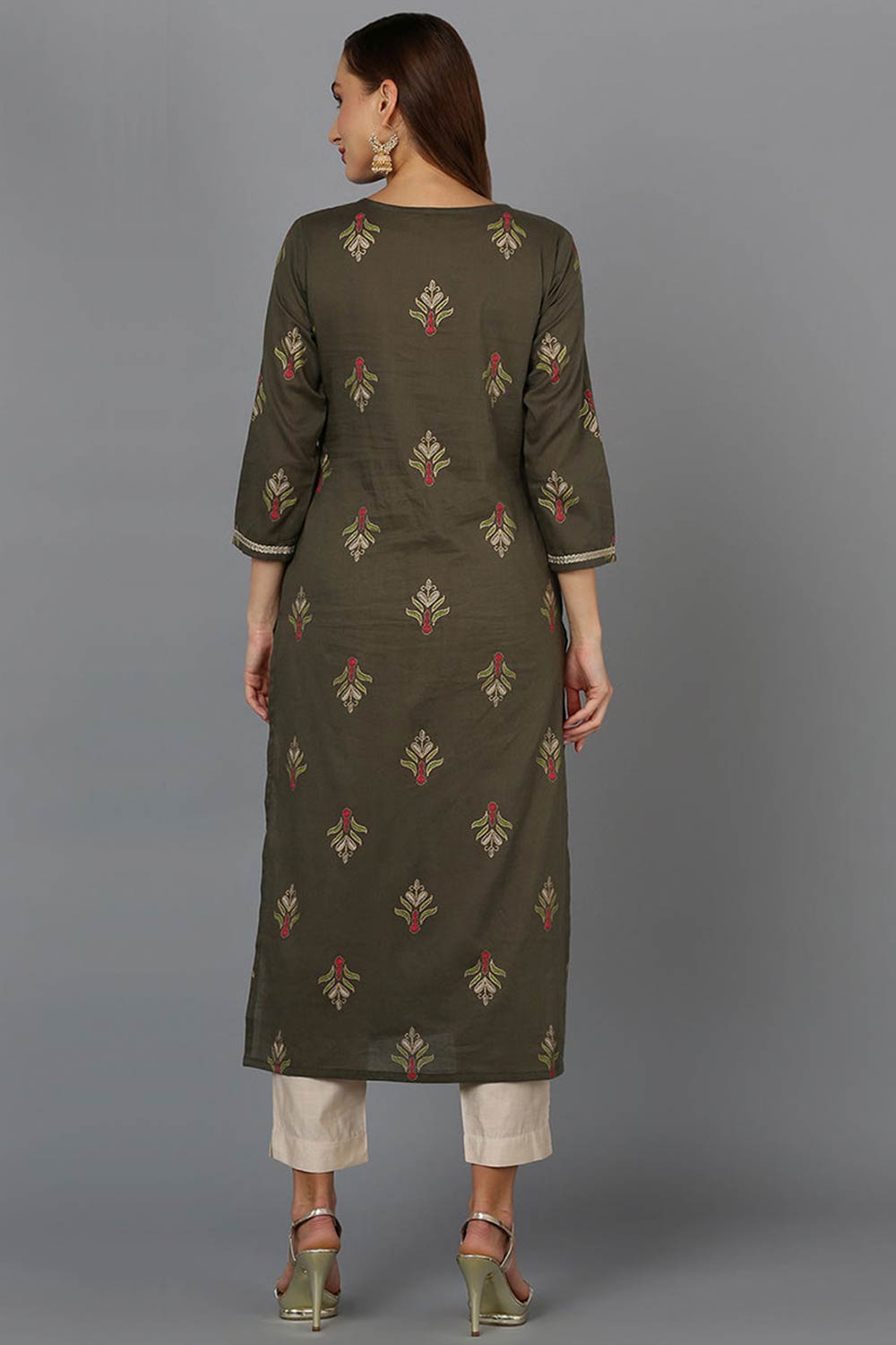 green Cotton Round Neck KurtI Set