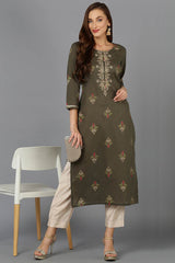 green Cotton Round Neck KurtI Set