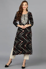 Black Rayon Printed Straight Fit KurtI Set