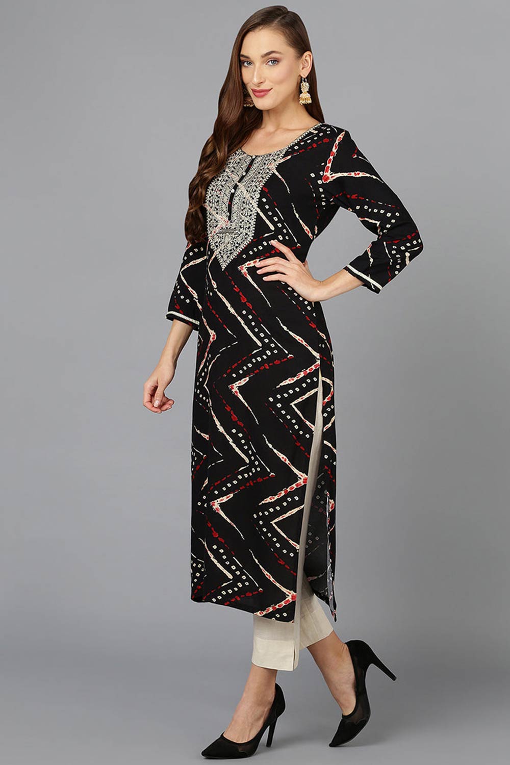 Black Rayon Printed Straight Fit KurtI Set