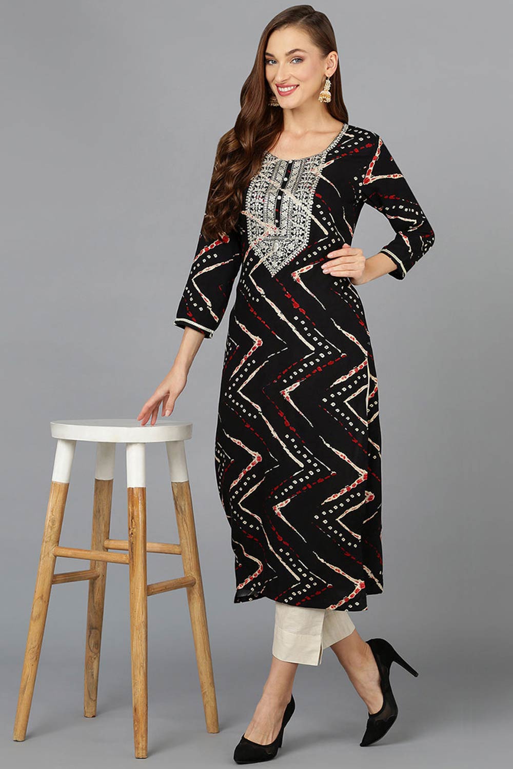 Black Rayon Printed Straight Fit KurtI Set