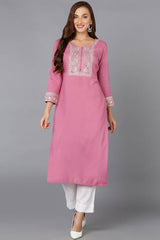 Pink Rayon Embroidered Round Neck KurtI Set