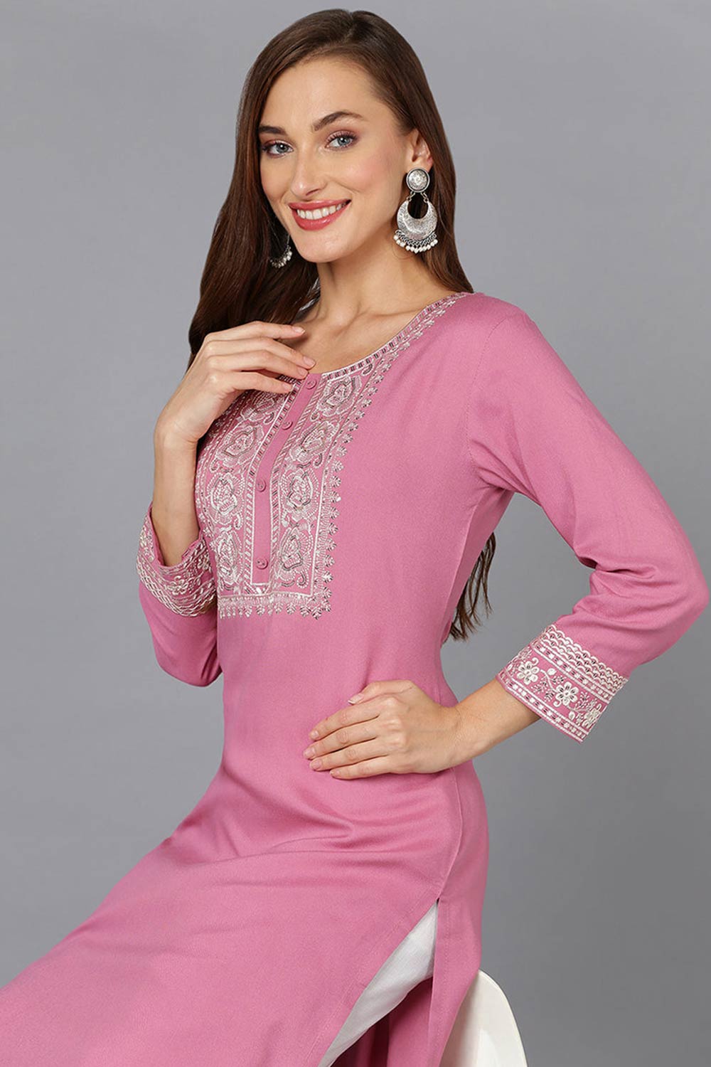 Pink Rayon Embroidered Round Neck KurtI Set