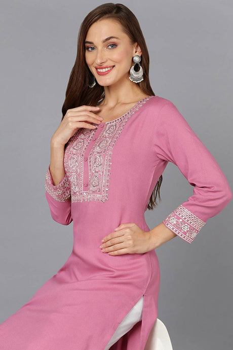 Pink Rayon Embroidered Round Neck KurtI Set