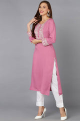 Pink Rayon Embroidered Round Neck KurtI Set