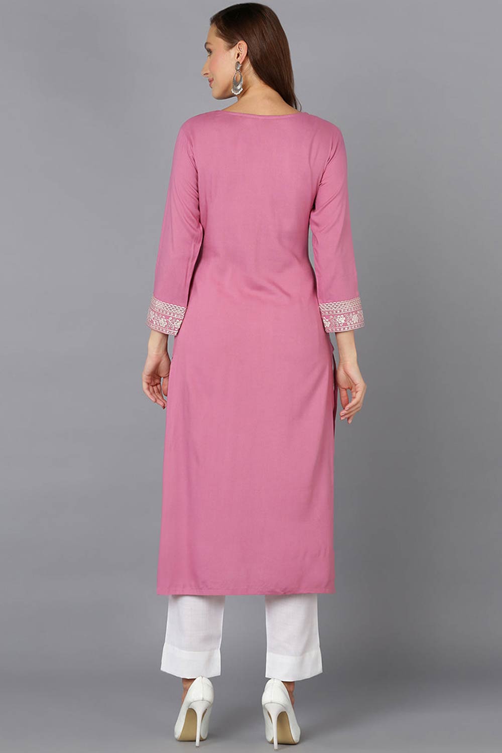 Pink Rayon Embroidered Round Neck KurtI Set