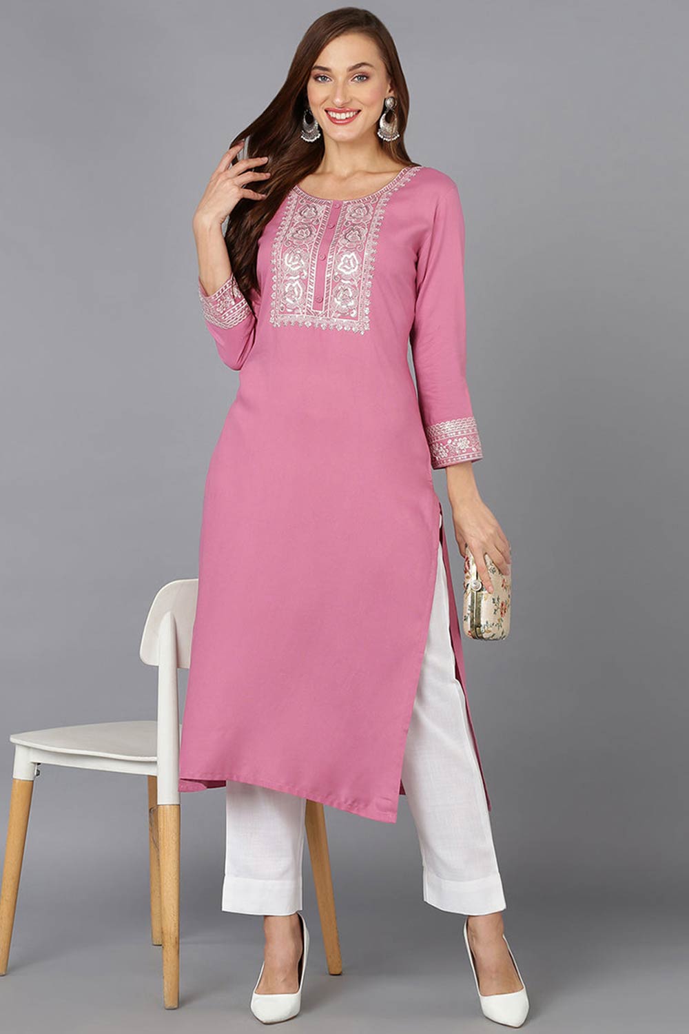 Pink Rayon Embroidered Round Neck KurtI Set