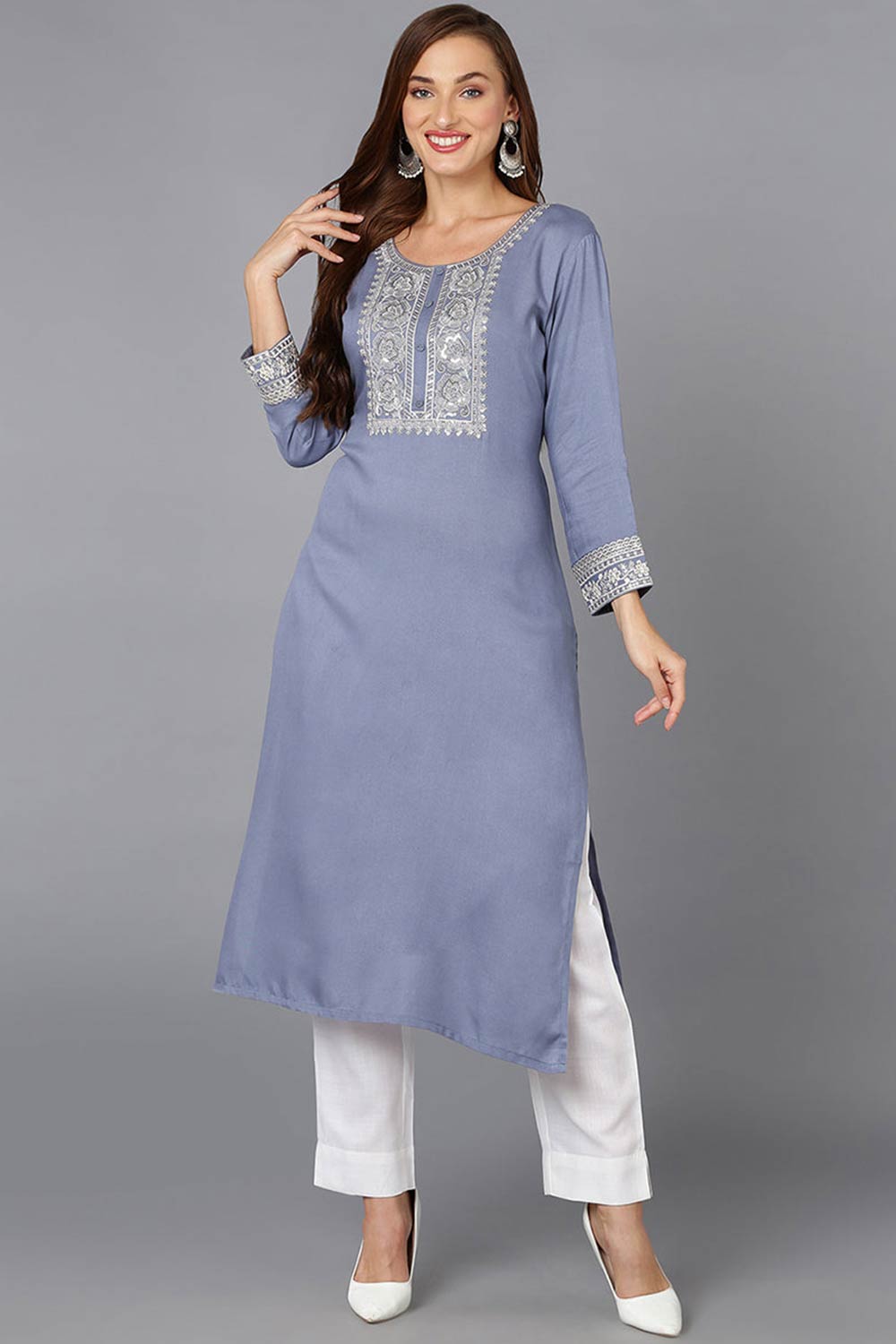 Blue Rayon Embroidered Round Neck KurtI Set