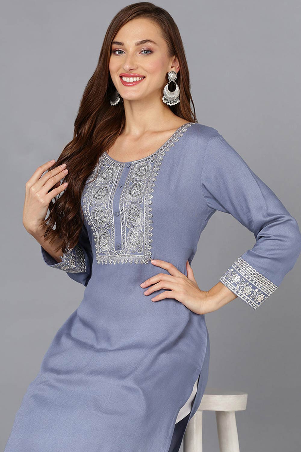 Blue Rayon Embroidered Round Neck KurtI Set