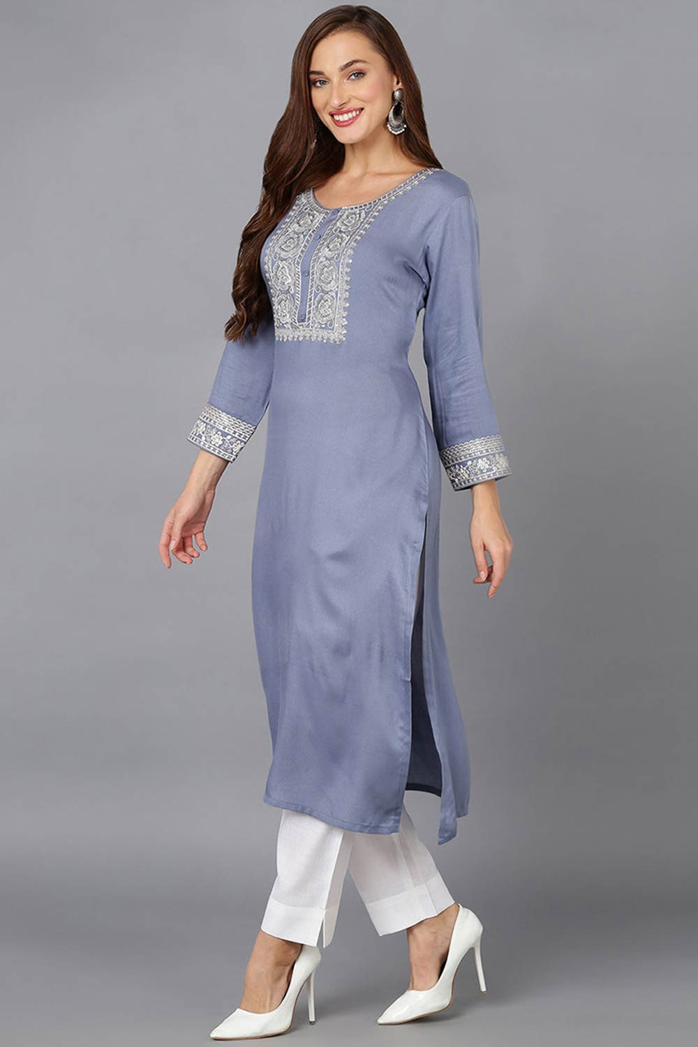 Blue Rayon Embroidered Round Neck KurtI Set