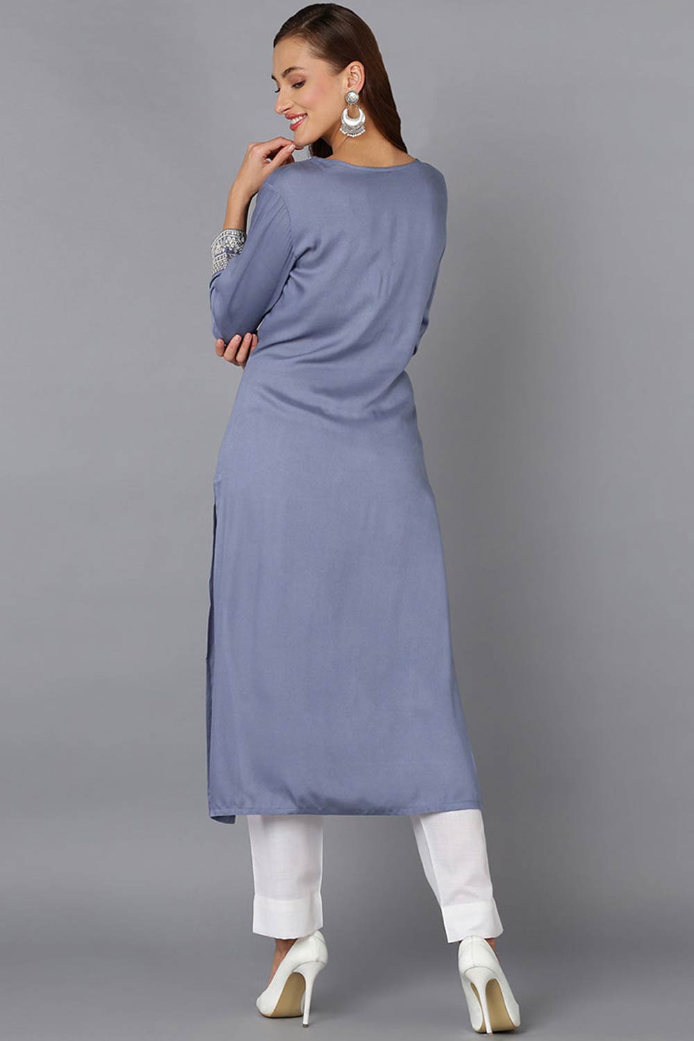 Blue Rayon Embroidered Round Neck KurtI Set