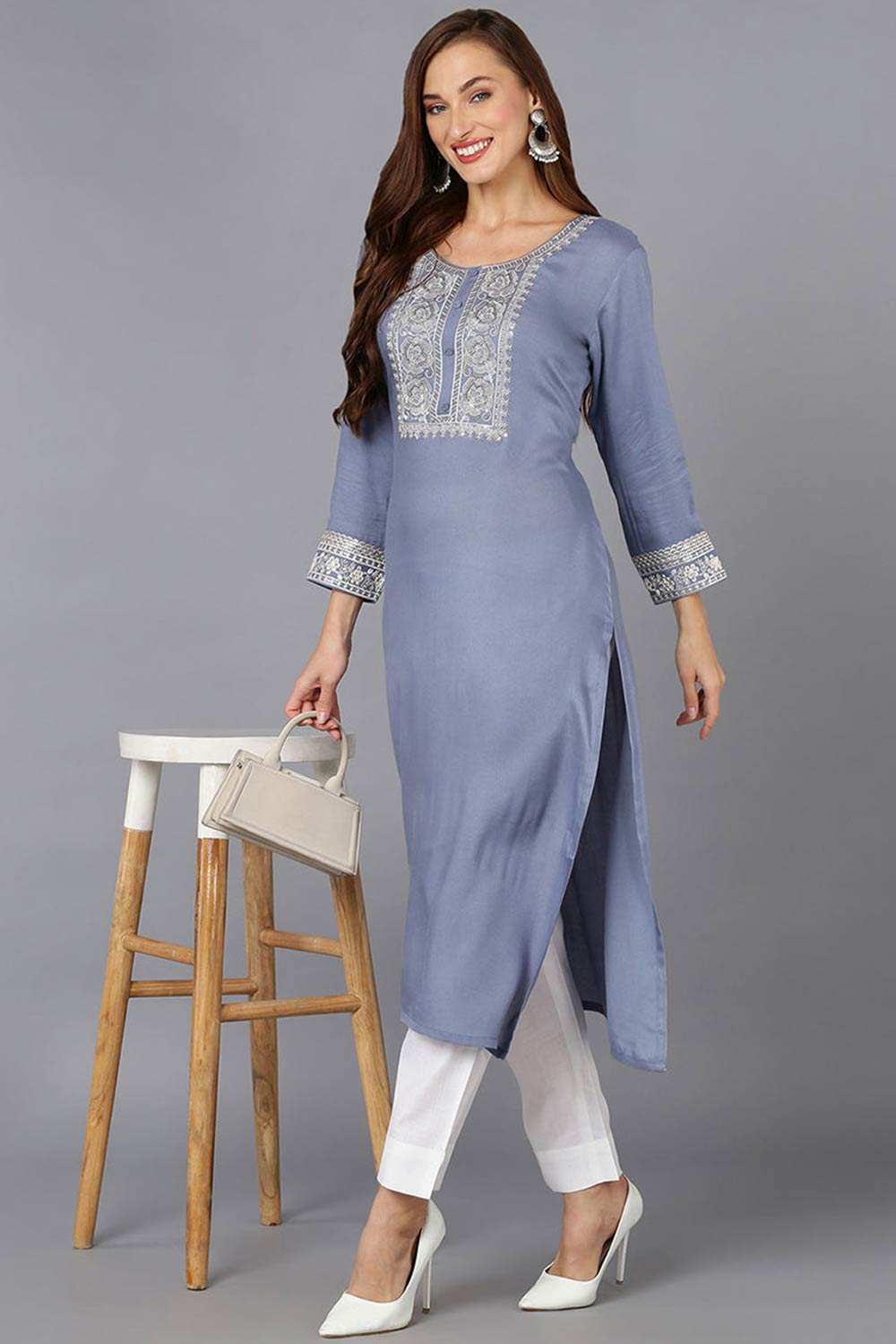 Blue Rayon Embroidered Round Neck KurtI Set