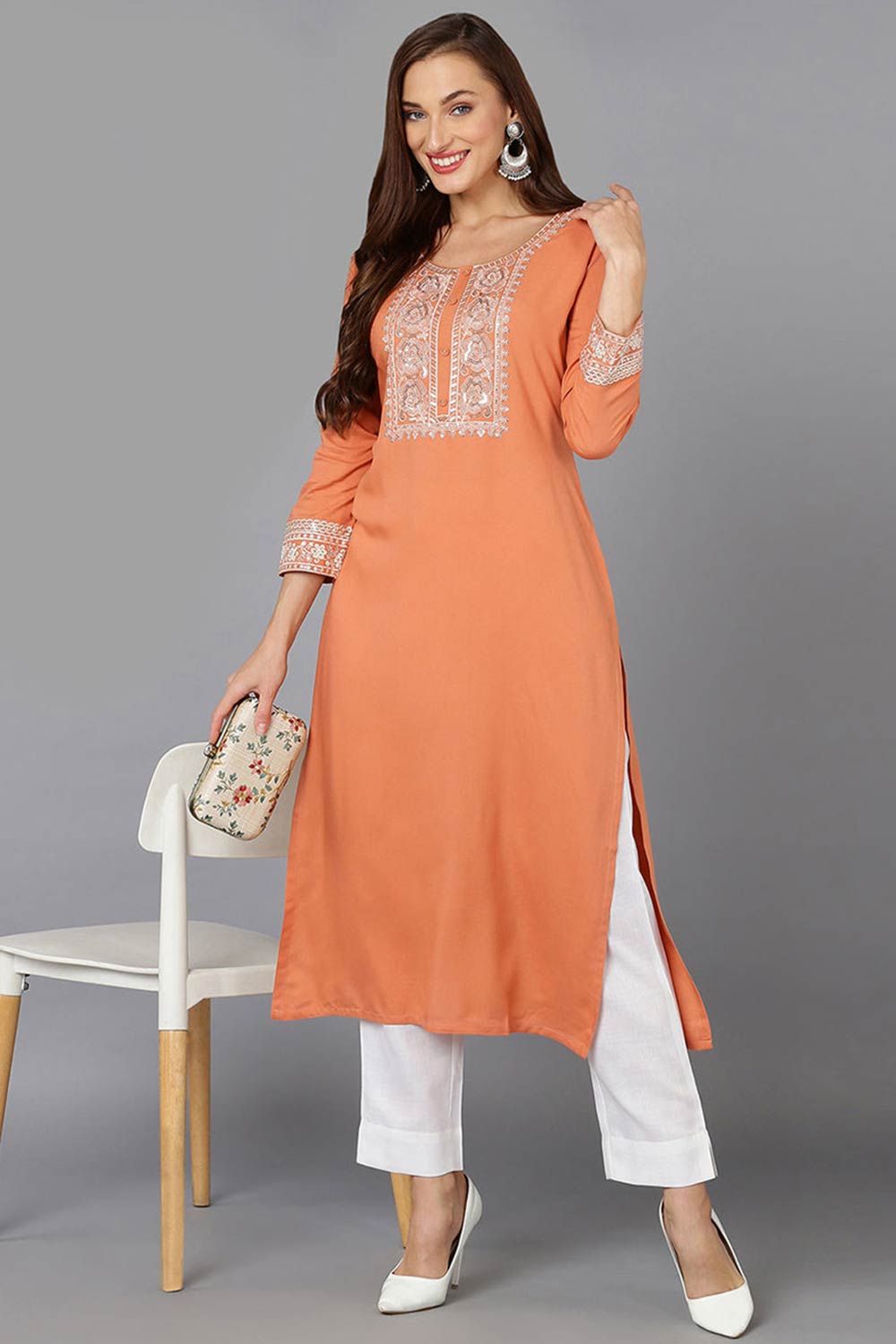 pink Rayon Floral Print Round Neck KurtI Set