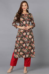 Black Cotton Floral Straight Fit KurtI Set