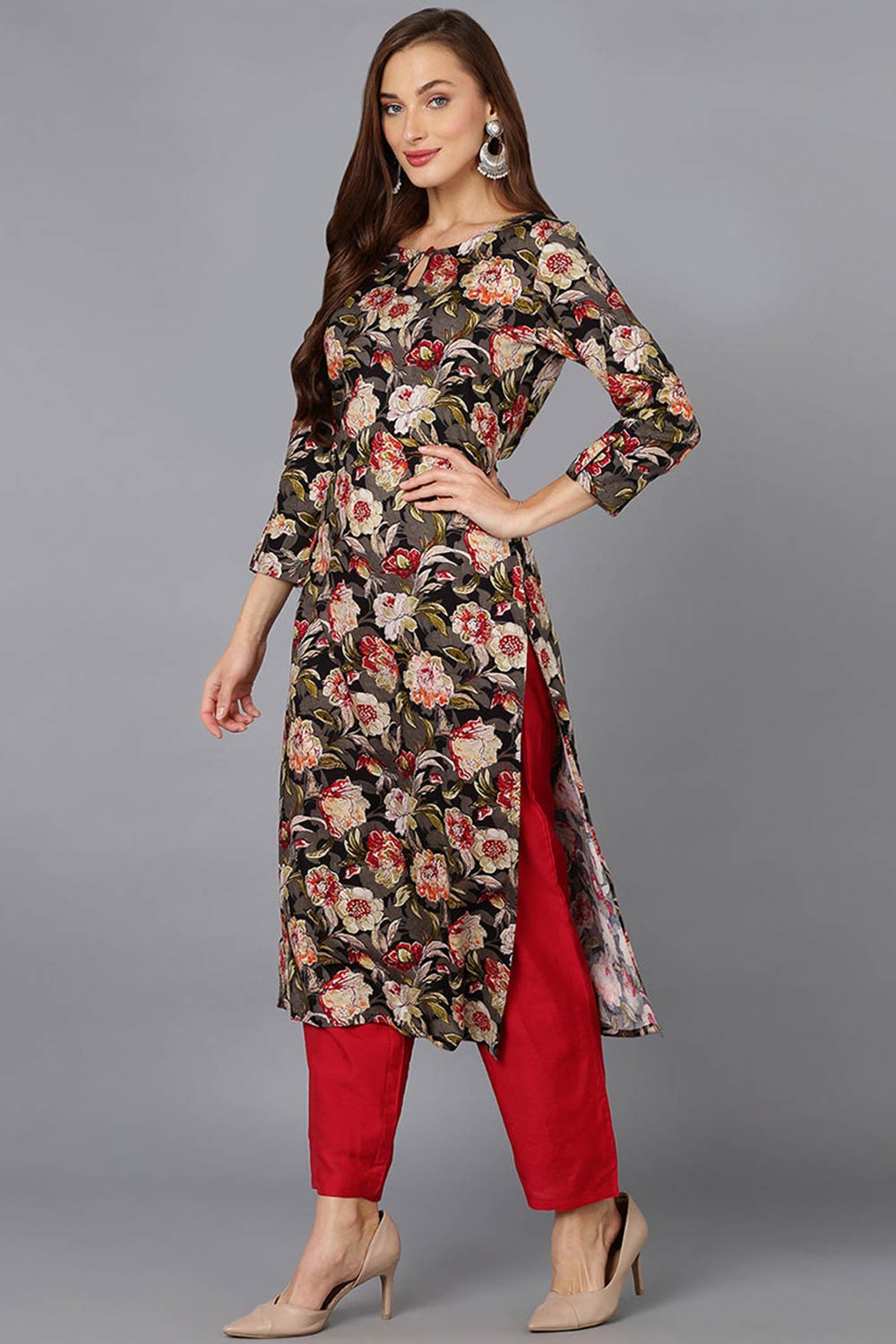 Black Cotton Floral Straight Fit KurtI Set