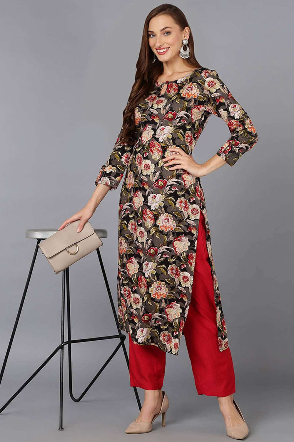 Black Cotton Floral Straight Fit KurtI Set