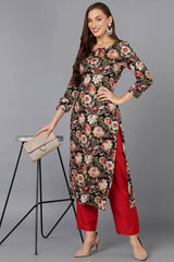 Black Cotton Floral Straight Fit KurtI Set