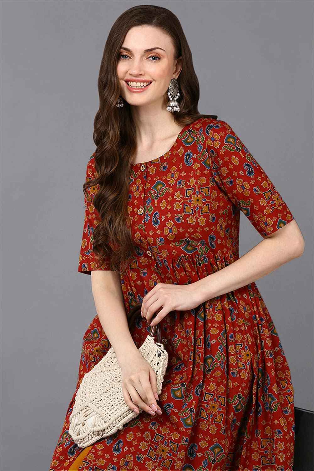 Red Cotton Bandhani Round Neck KurtI Set