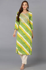 Green Cotton Embroidered Round Neck KurtI Set