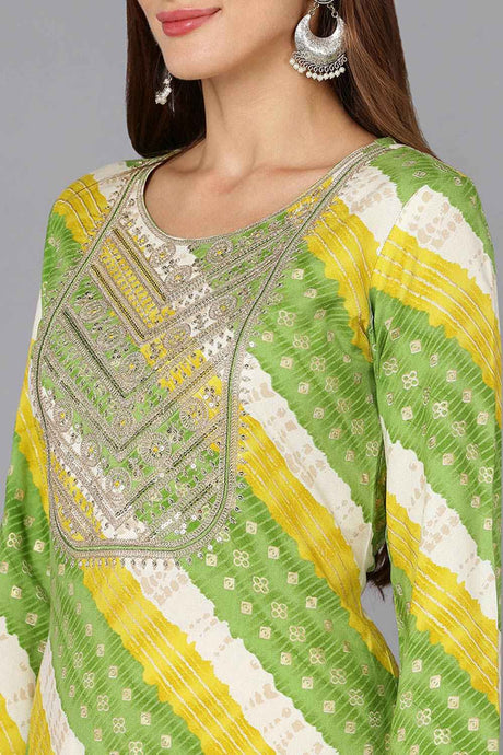 Green Cotton Embroidered Round Neck KurtI Set