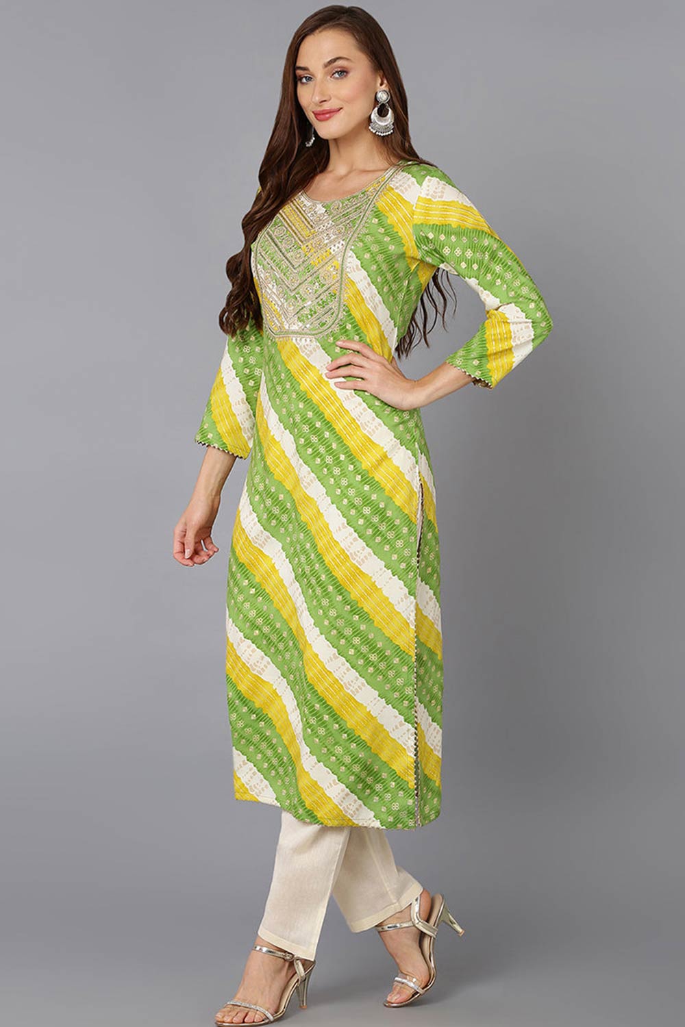 Green Cotton Embroidered Round Neck KurtI Set