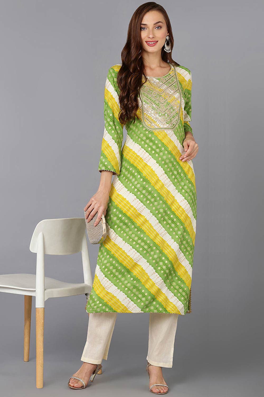 Green Cotton Embroidered Round Neck KurtI Set