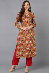 Orange Cotton Floral Print Keyhole Neck KurtI Set