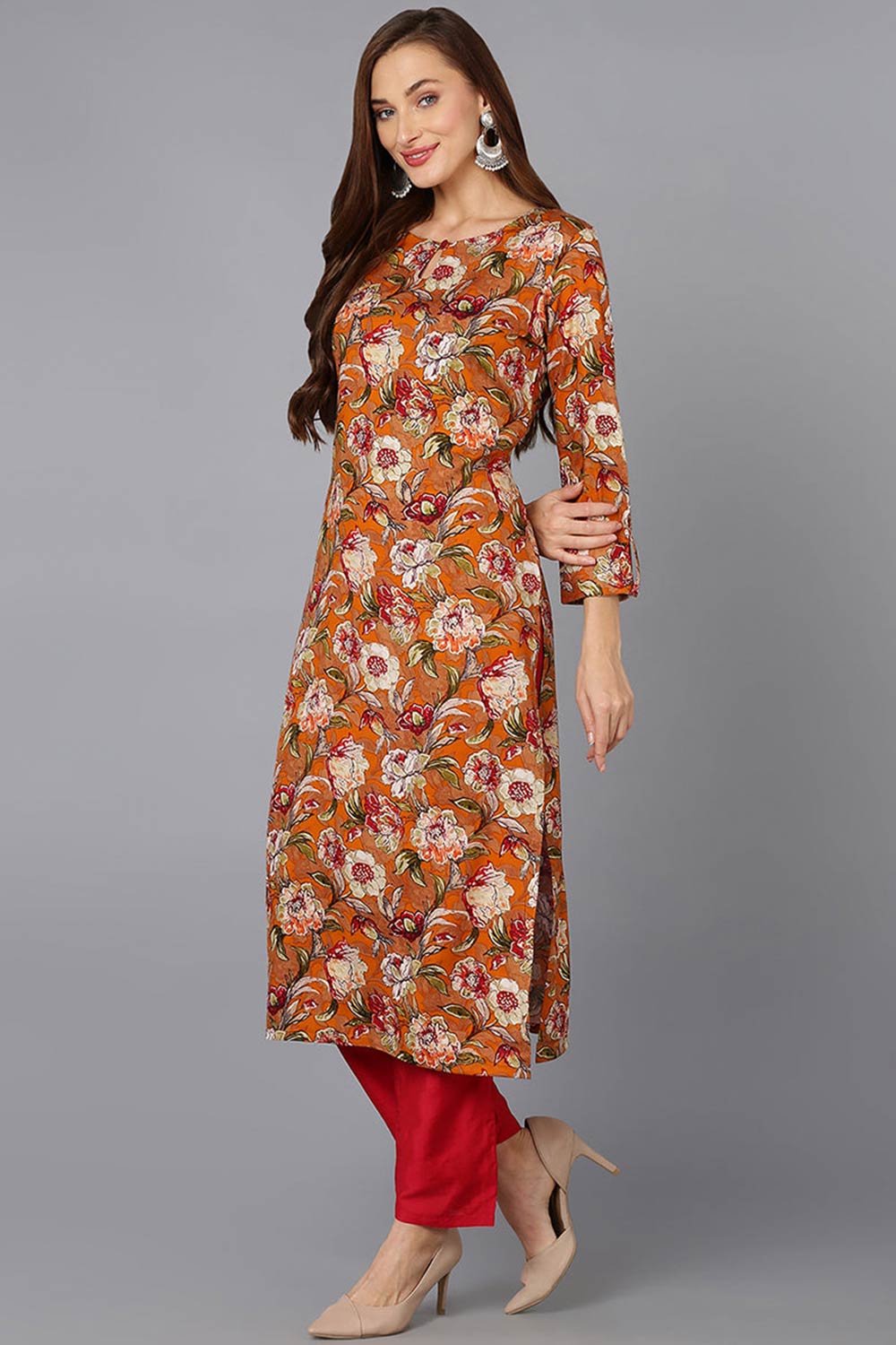 Orange Cotton Floral Print Keyhole Neck KurtI Set