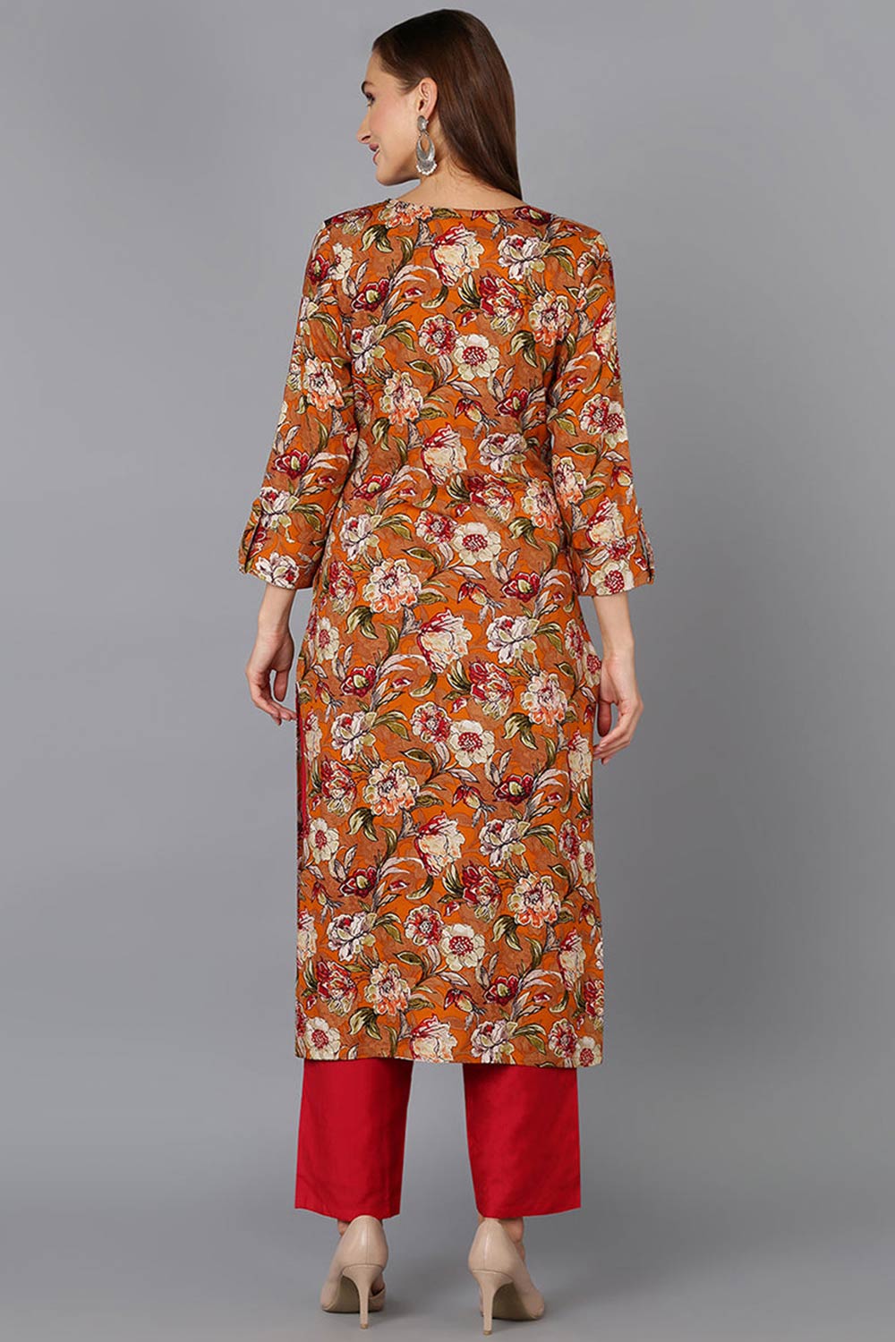 Orange Cotton Floral Print Keyhole Neck KurtI Set