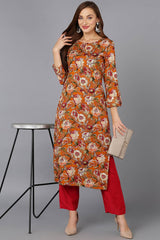 Orange Cotton Floral Print Keyhole Neck KurtI Set