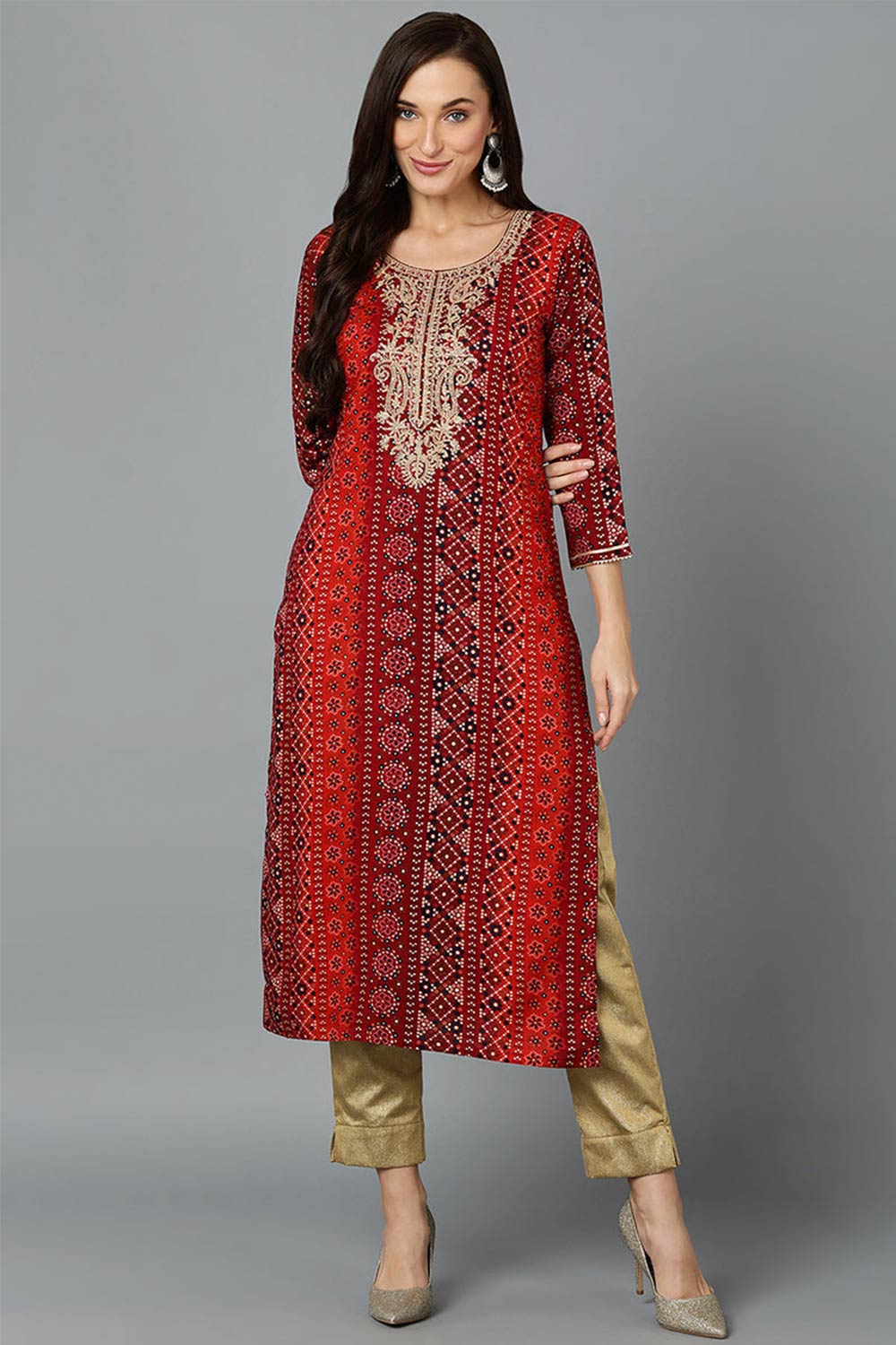 Red Cotton Printed Straight Fit KurtI Set