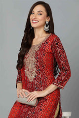 Red Cotton Printed Straight Fit KurtI Set