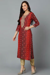 Red Cotton Printed Straight Fit KurtI Set