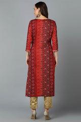 Red Cotton Printed Straight Fit KurtI Set