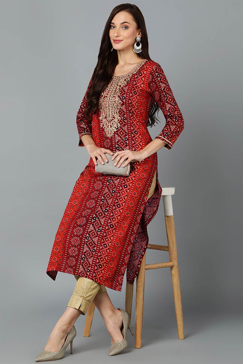 Red Cotton Printed Straight Fit KurtI Set