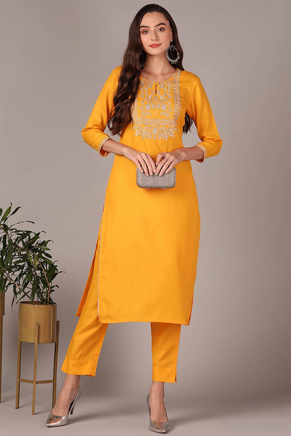 Yellow Cotton Floral Straight Fit KurtI Set