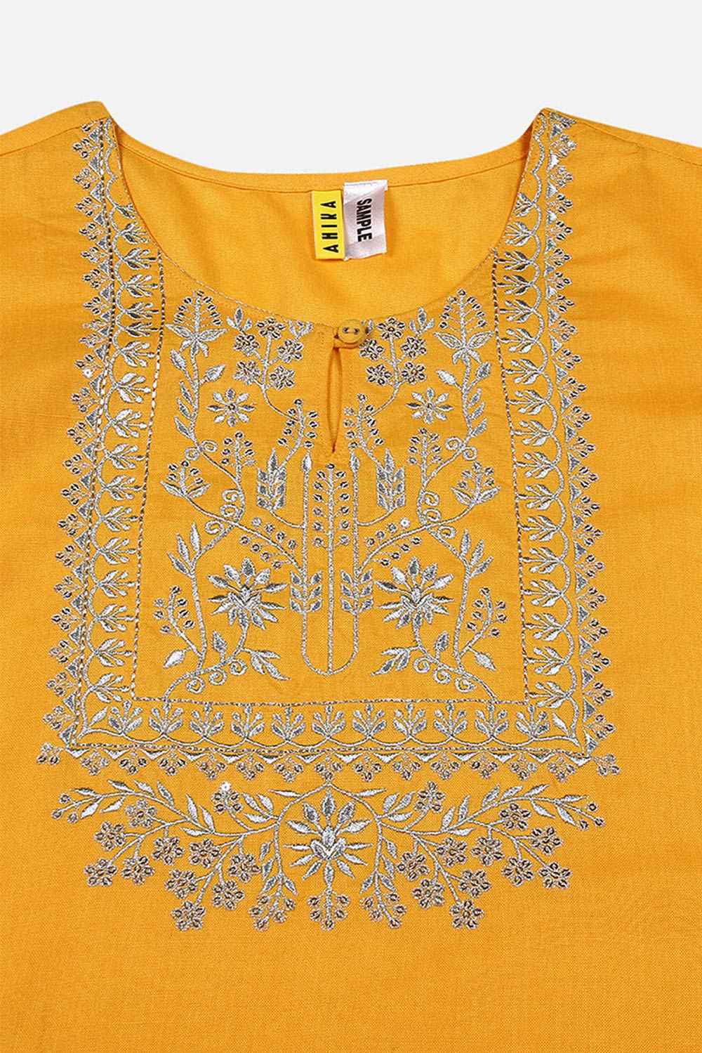 Yellow Cotton Floral Straight Fit KurtI Set