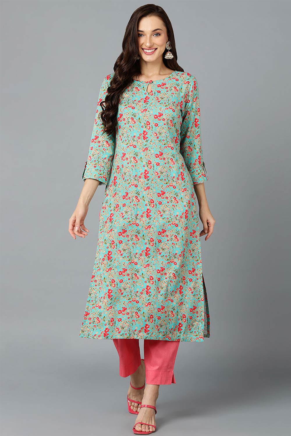 Blue Rayon Floral Straight Fit KurtI Set