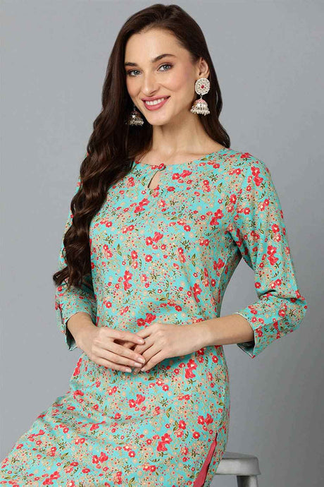 Blue Rayon Floral Straight Fit KurtI Set