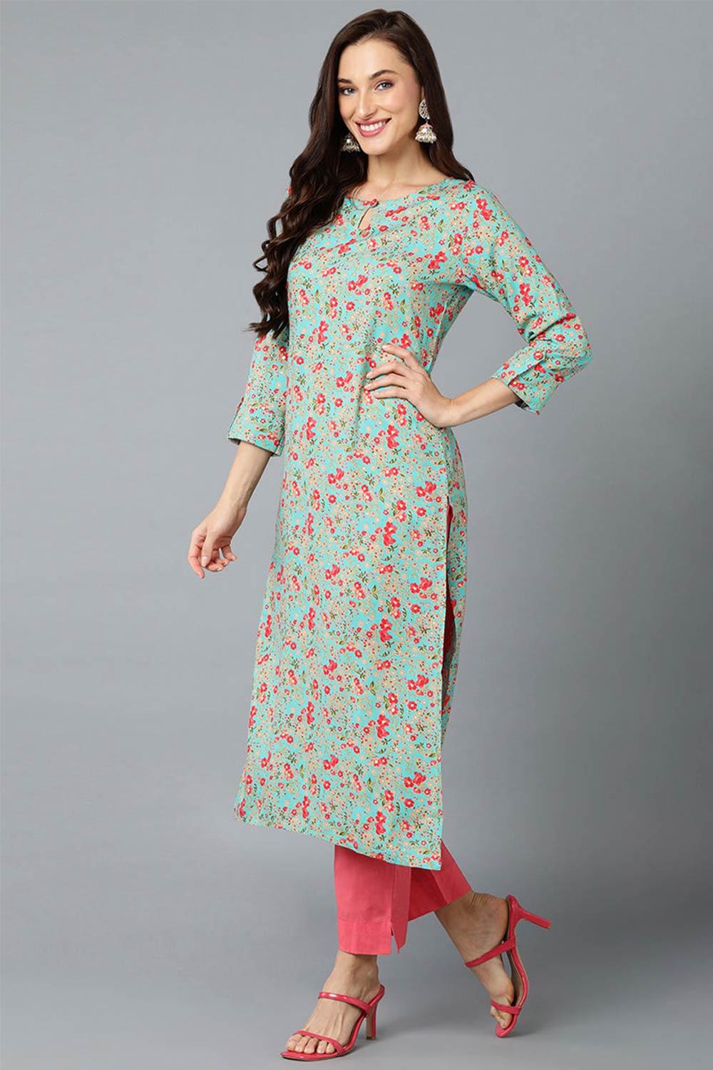 Blue Rayon Floral Straight Fit KurtI Set