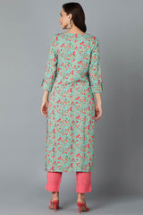 Blue Rayon Floral Straight Fit KurtI Set