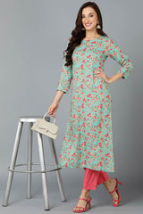 Blue Rayon Floral Straight Fit KurtI Set