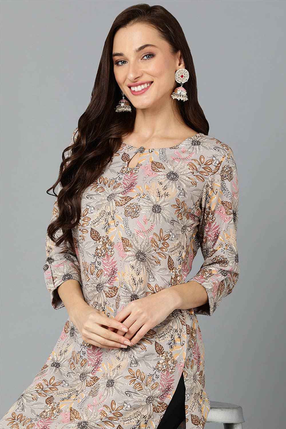 Grey Cotton Bandhani Keyhole Neck KurtI Set