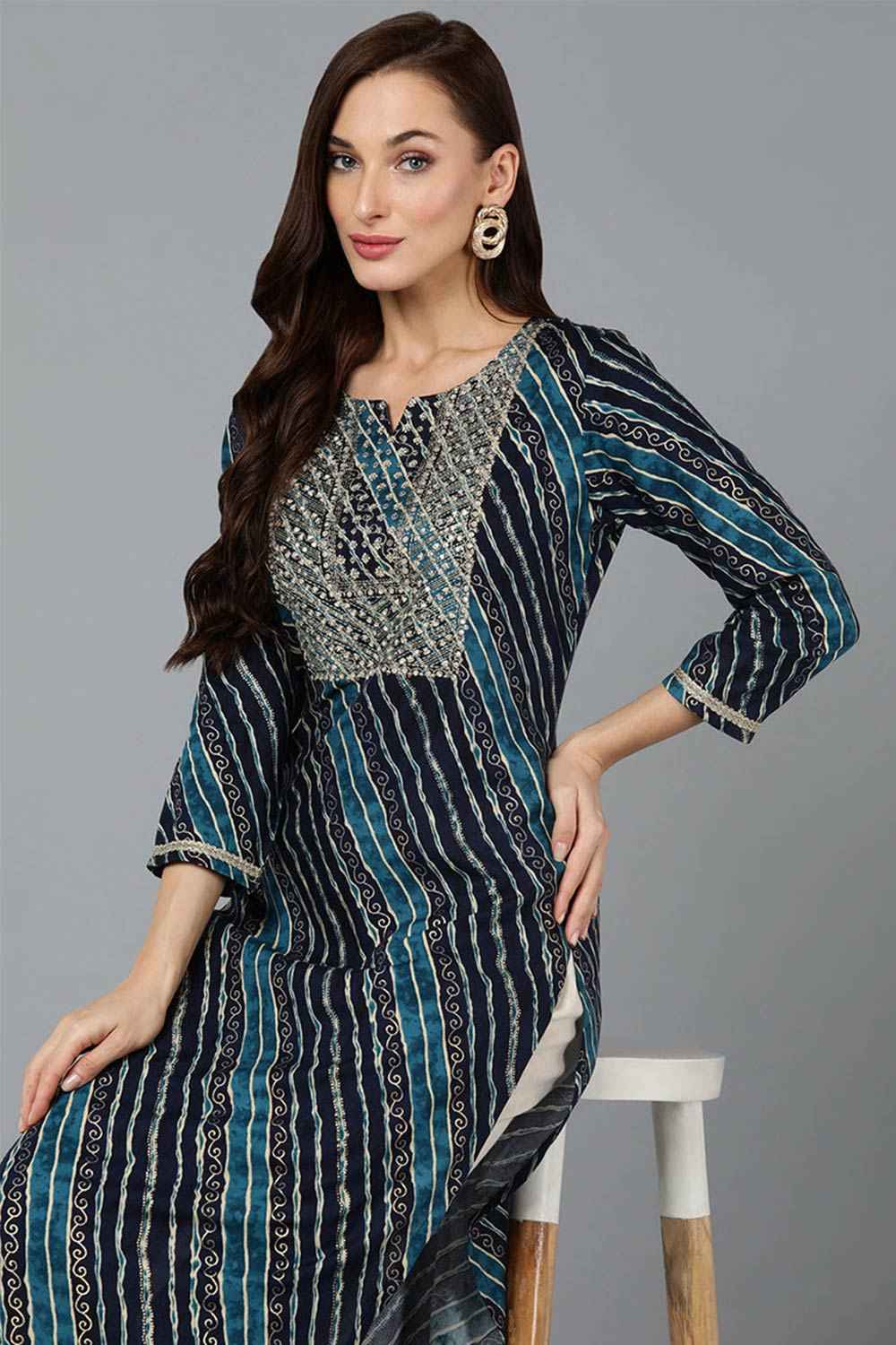 Blue Cotton Printed Straight Fit KurtI Set