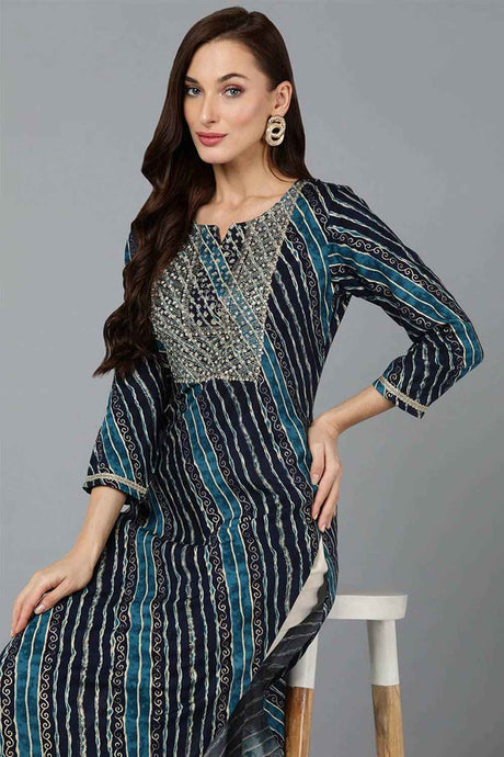 Blue Cotton Printed Straight Fit KurtI Set