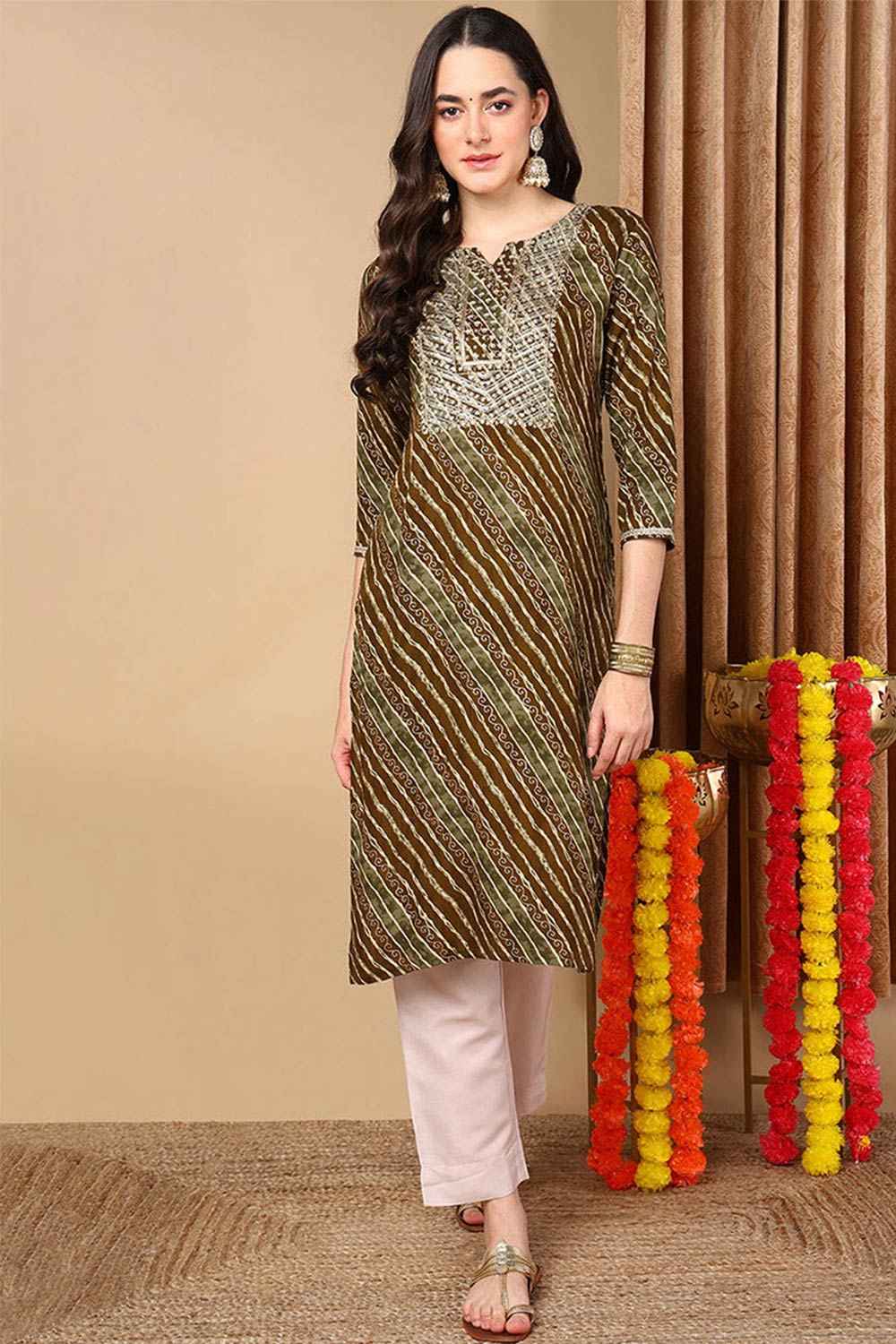 Green Rayon Leheriya Straight Fit KurtI Set