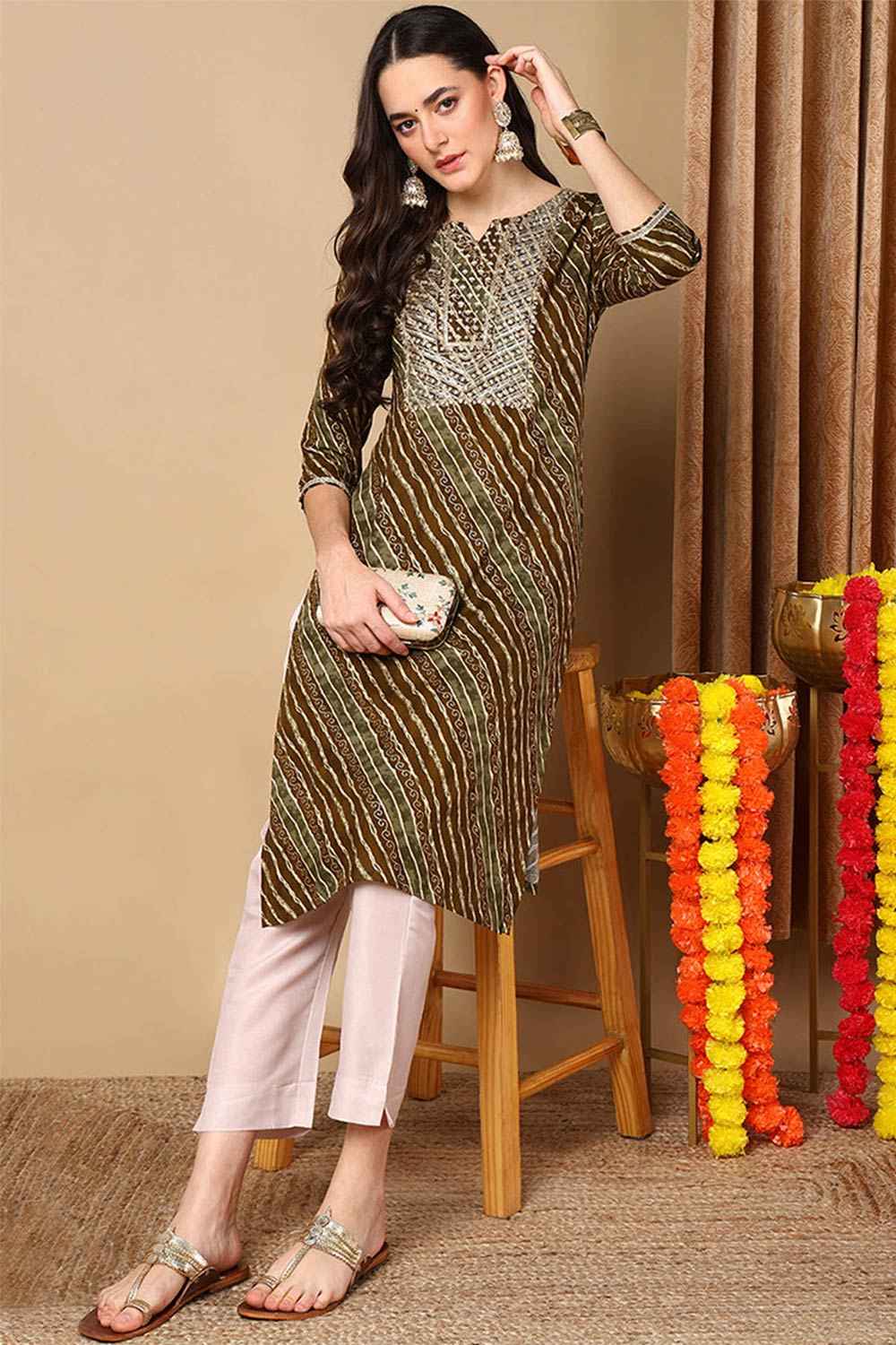 Green Rayon Leheriya Straight Fit KurtI Set