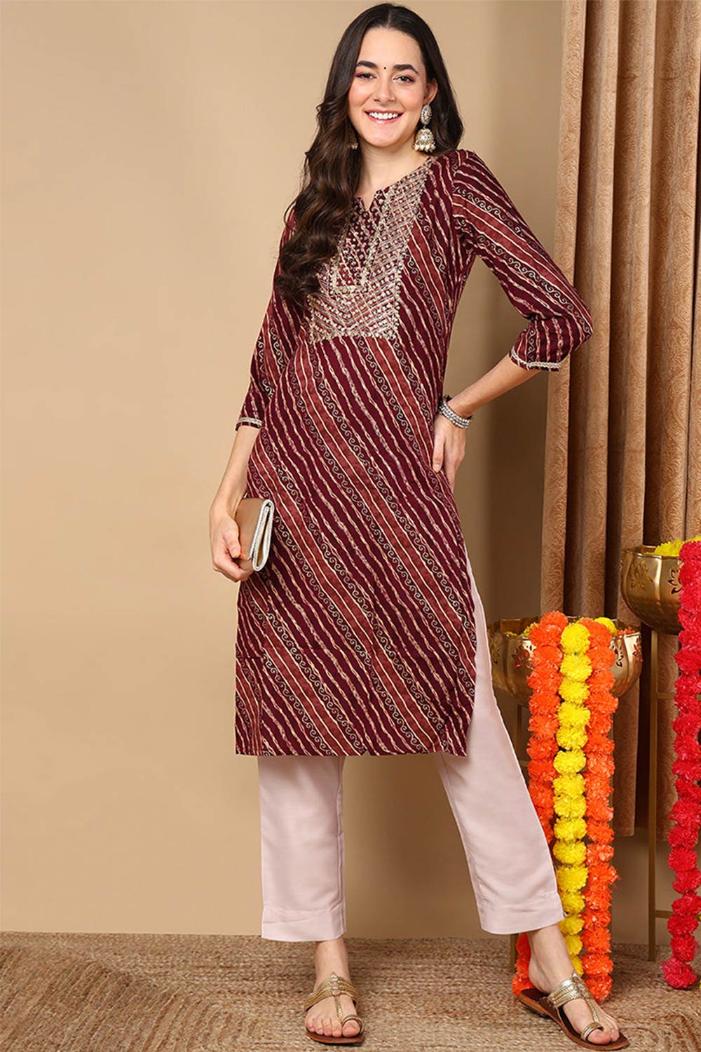 Purple Rayon Leheriya Straight Fit KurtI Set