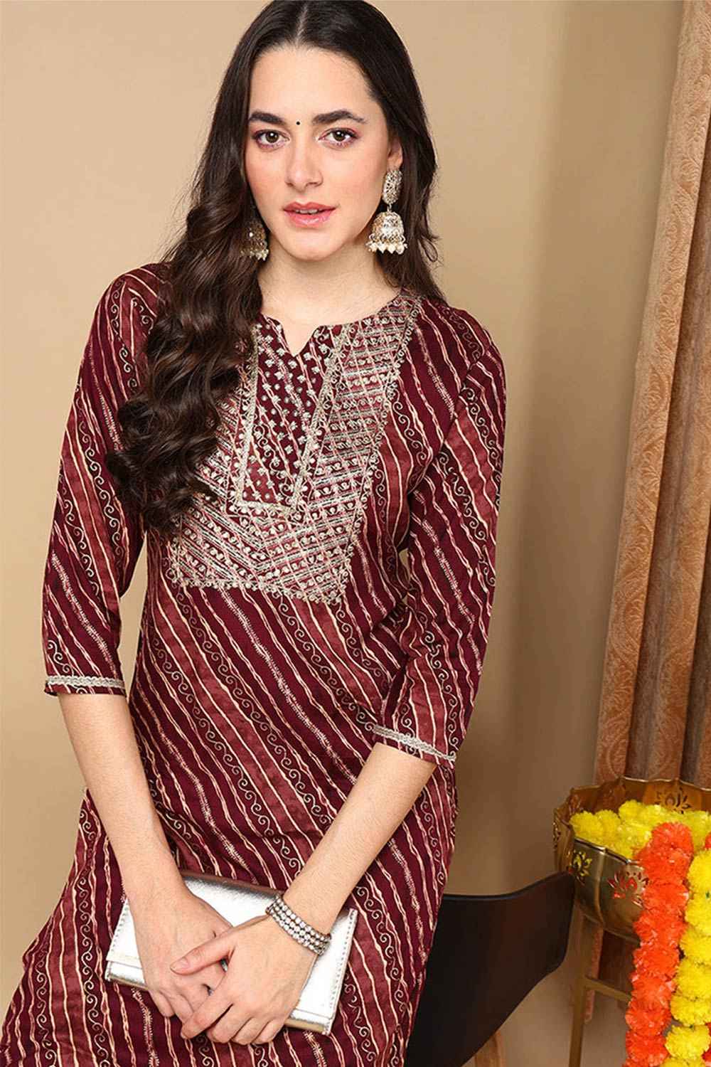 Purple Rayon Leheriya Straight Fit KurtI Set